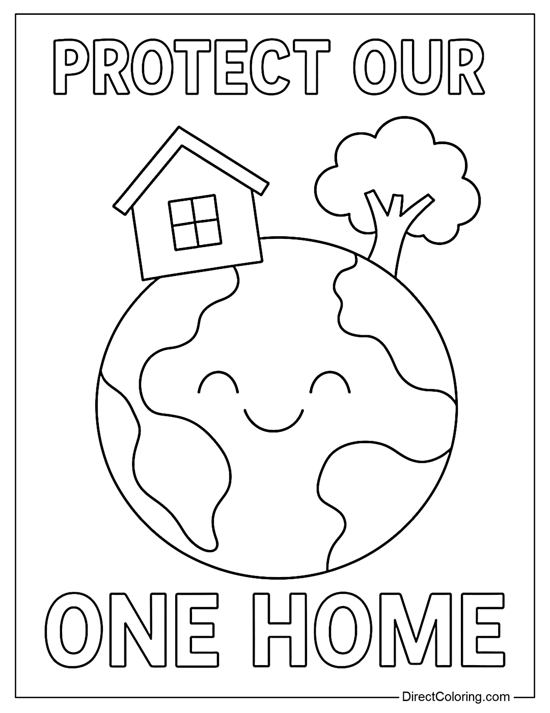 Poster coloring page with a globe, house, trees and the words 